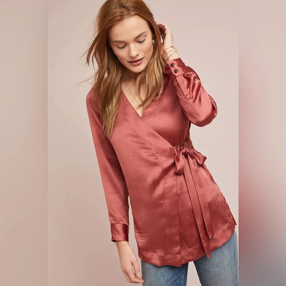 MOULINETTE‎ SOEURS by ANTHROPOLOGIE Satin Wrap Blouse in Peach Peche - Picture 1 of 14